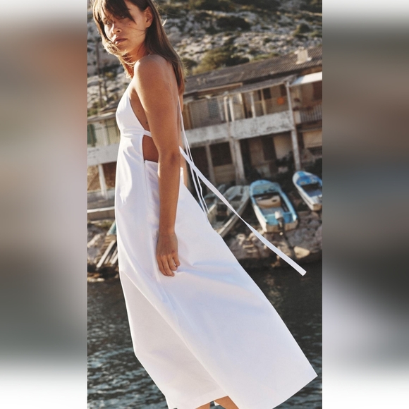NWT Zara - Cotton White Open Back Spaghetti Strap Midi Dress - Picture 7 of 11